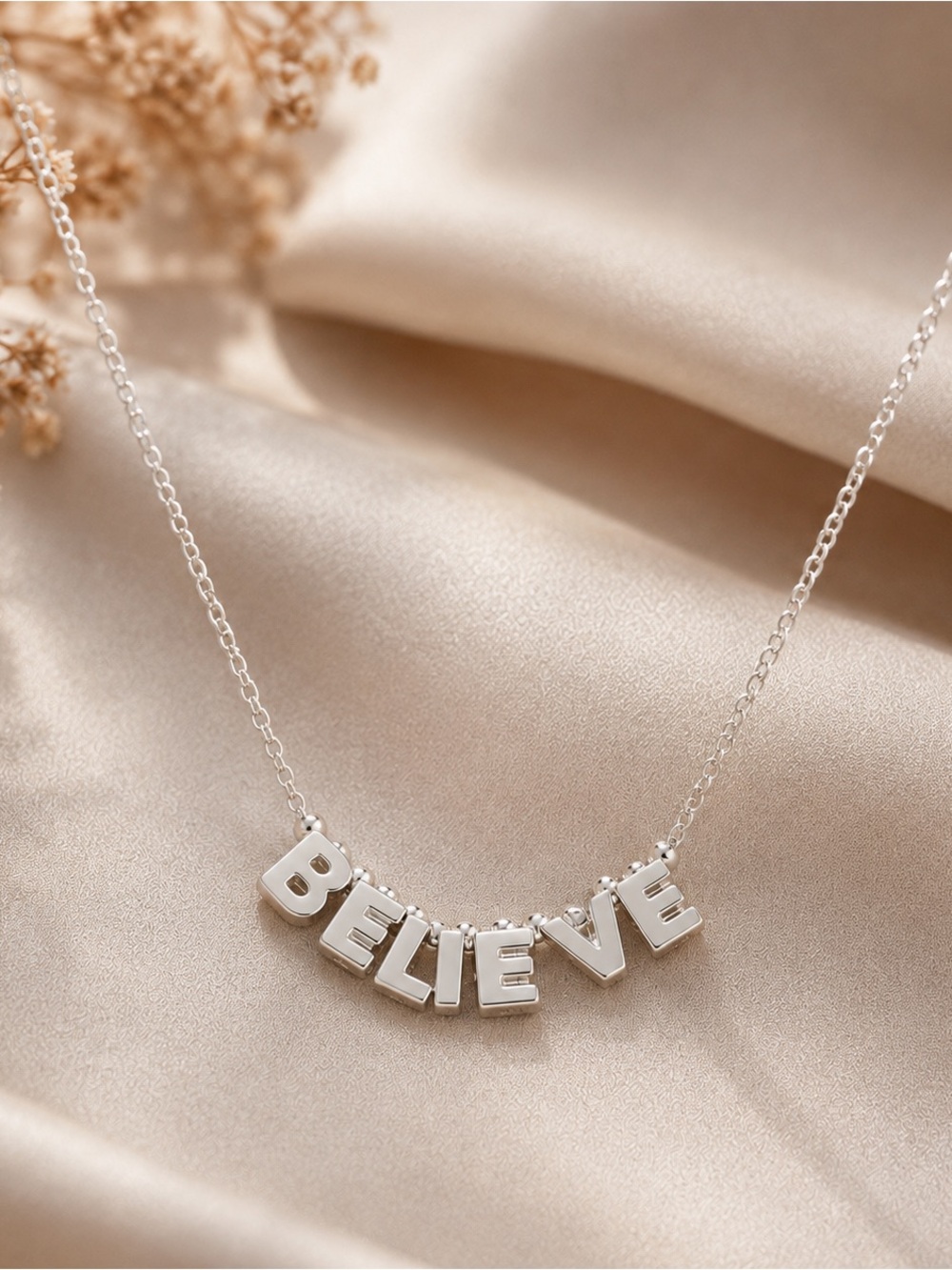BELIEVE Silvertone‎ Word Charm Pendant Necklace